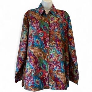 Southwestern Bohemian Funky Retro Festival Peacock Button Down Top